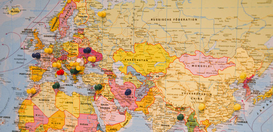 A world map created at the first retreat of TRR 391 in November 2024, showing the origins of some members of the TRR.